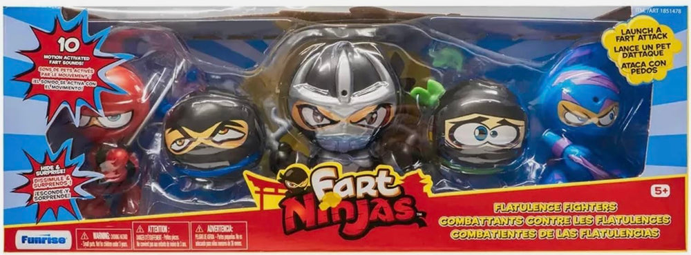 Funrise Fart Ninjas figure with colorful armor in battle poses for playful pranks.
