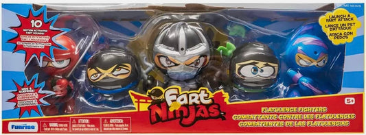 Funrise Fart Ninjas figure with colorful armor in battle poses for playful pranks.