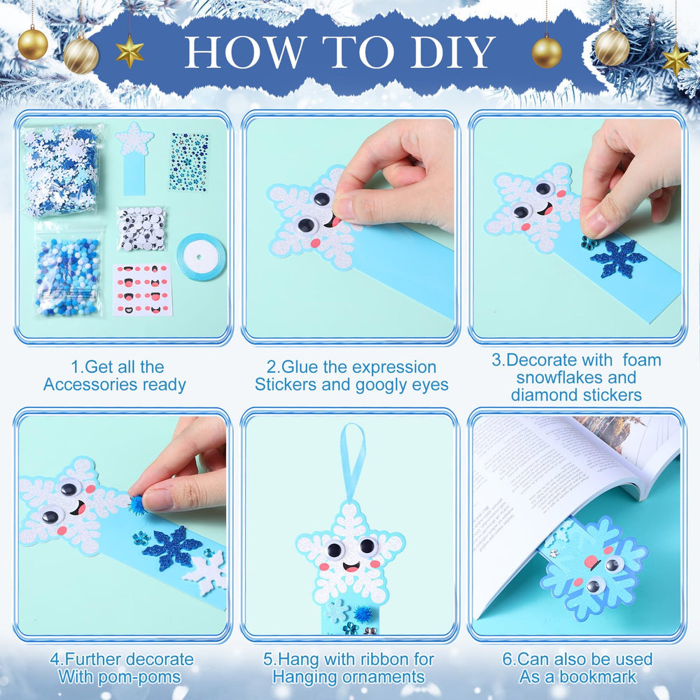Funrous pompoms pack adds playful texture to snowflake bookmarks.