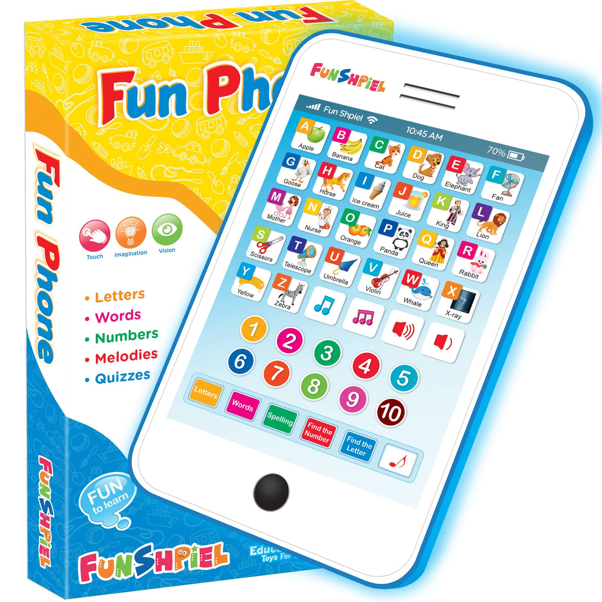 Funshpiel Kid Tablet front view showing a colorful learning device for independent play.