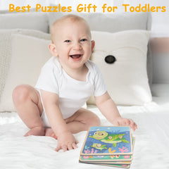 Funsland child holding knob puzzle demonstrates durable, kid-friendly design