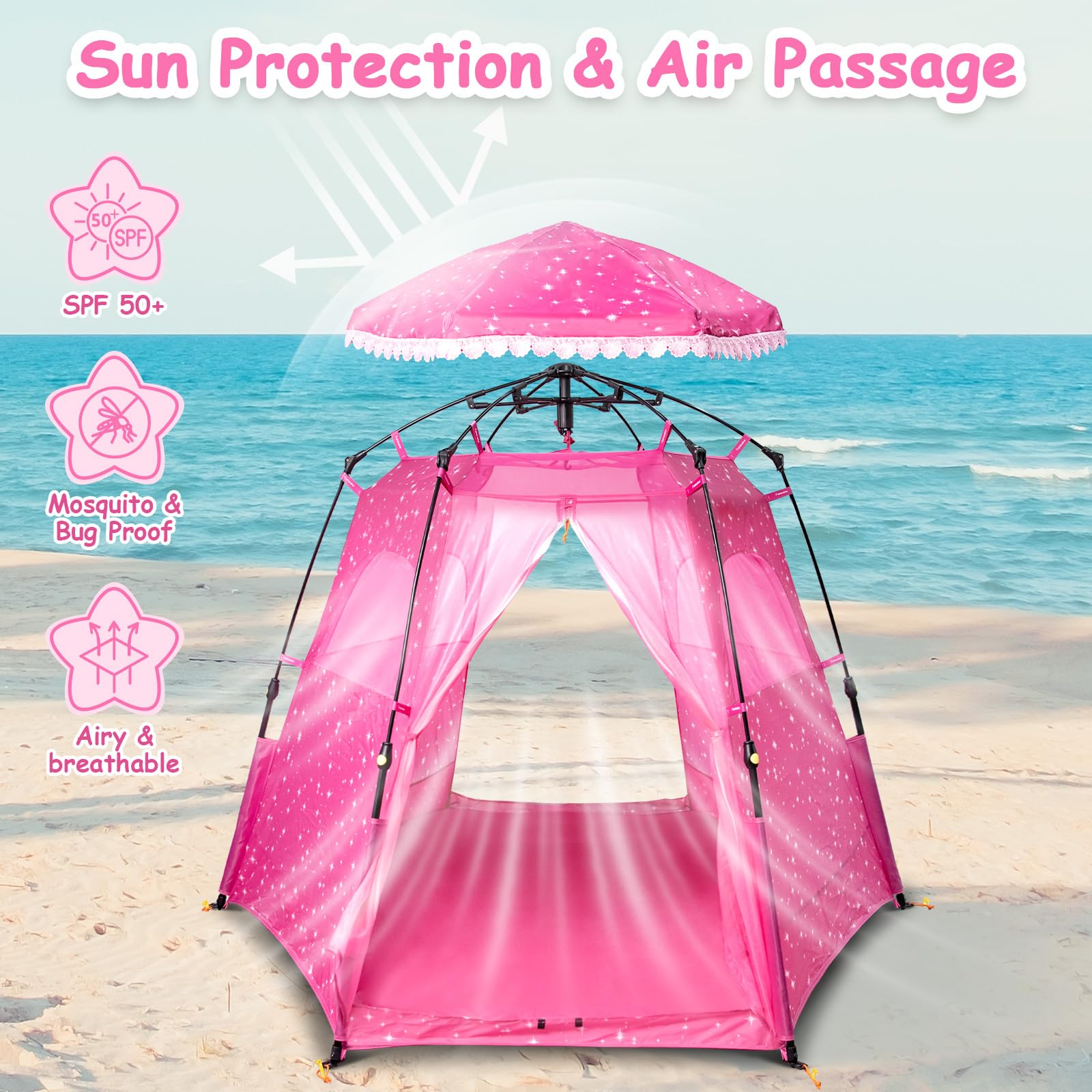 Funsland Princess Pop-up Play Tent durable polyester with breathable mesh for airflow.