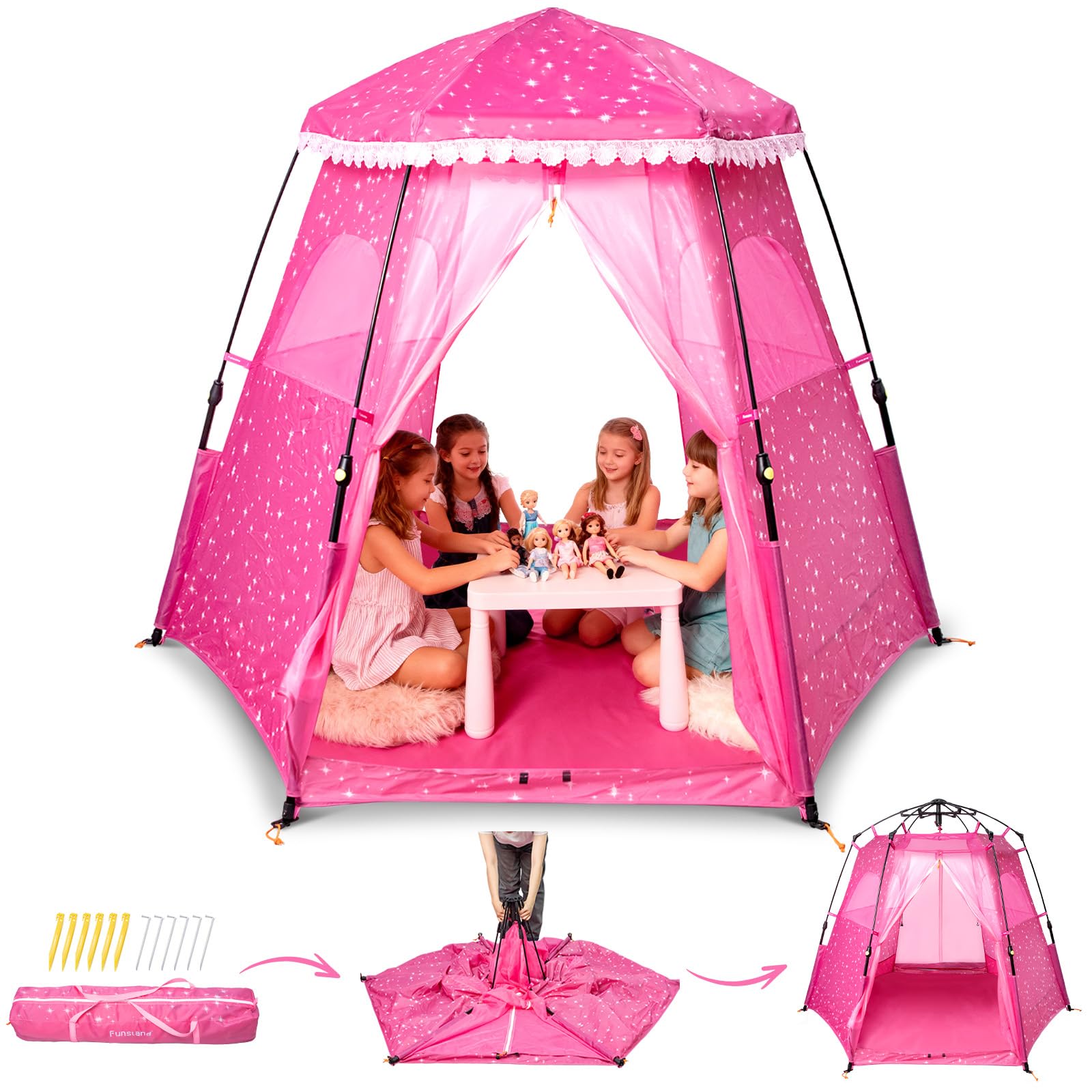 Funsland Princess Pop-up Play Tent setup in minutes for easy indoor fun.