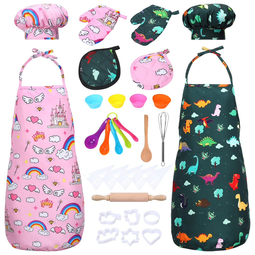 FunsLane kids chef set pink rainbow apron for imaginative cooking play.