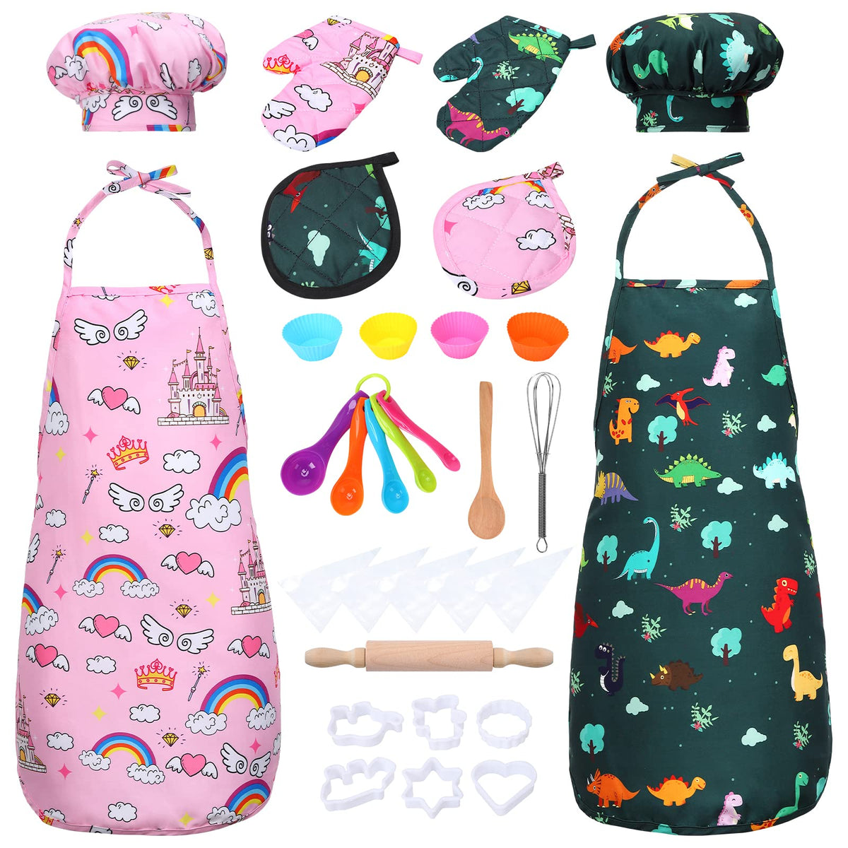 FunsLane kids chef set pink rainbow apron for imaginative cooking play.