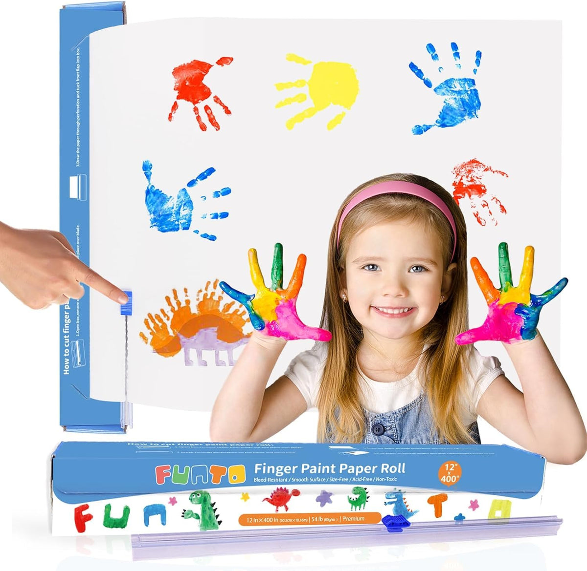 Funto finger paint paper roll, wide white sheet for large kids art projects.