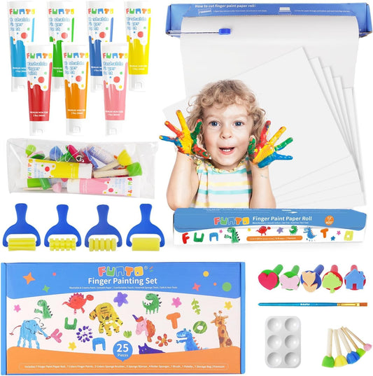 Funto Kids washable finger paint set with paper roll, ideal for mess-free toddler art.