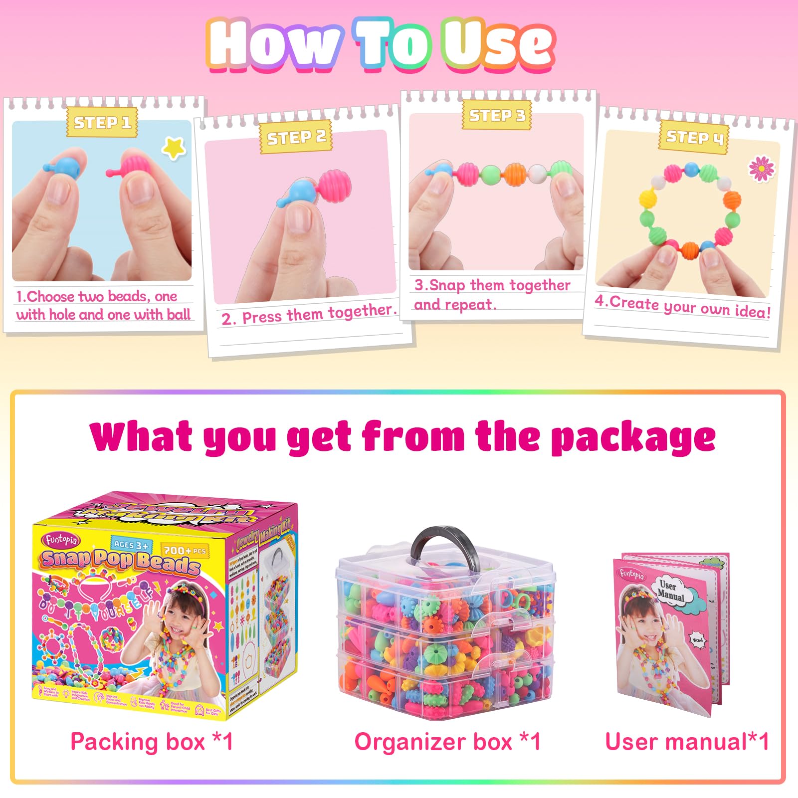 Funtopia Pop Beads three-layer storage box keeps beads organized.