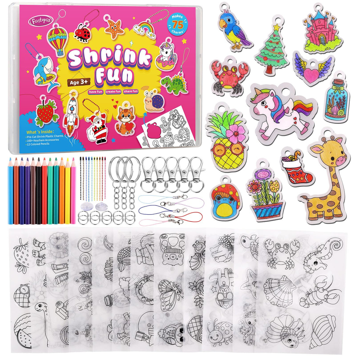 Funtopia Shrinky Dink sheets show 75 pre-cut designs ready for coloring.