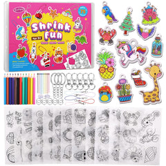 Funtopia Shrinky Dink sheets show 75 pre-cut designs ready for coloring.