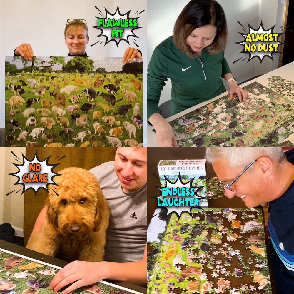 Funwares 101 Puppies Puzzle assembled layout highlighting a humorous dog scene for gatherings