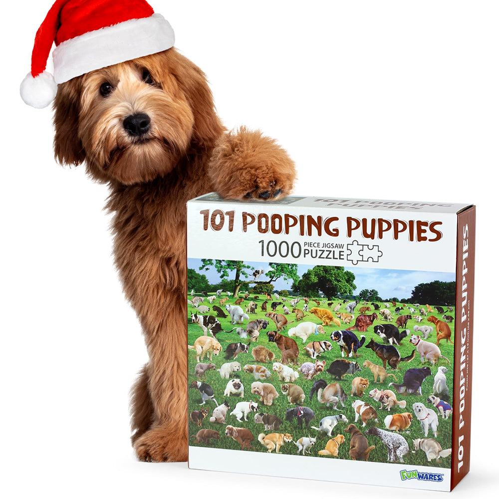 Funwares 101 Puppies Puzzle front cover showing playful dogs for a cozy family activity