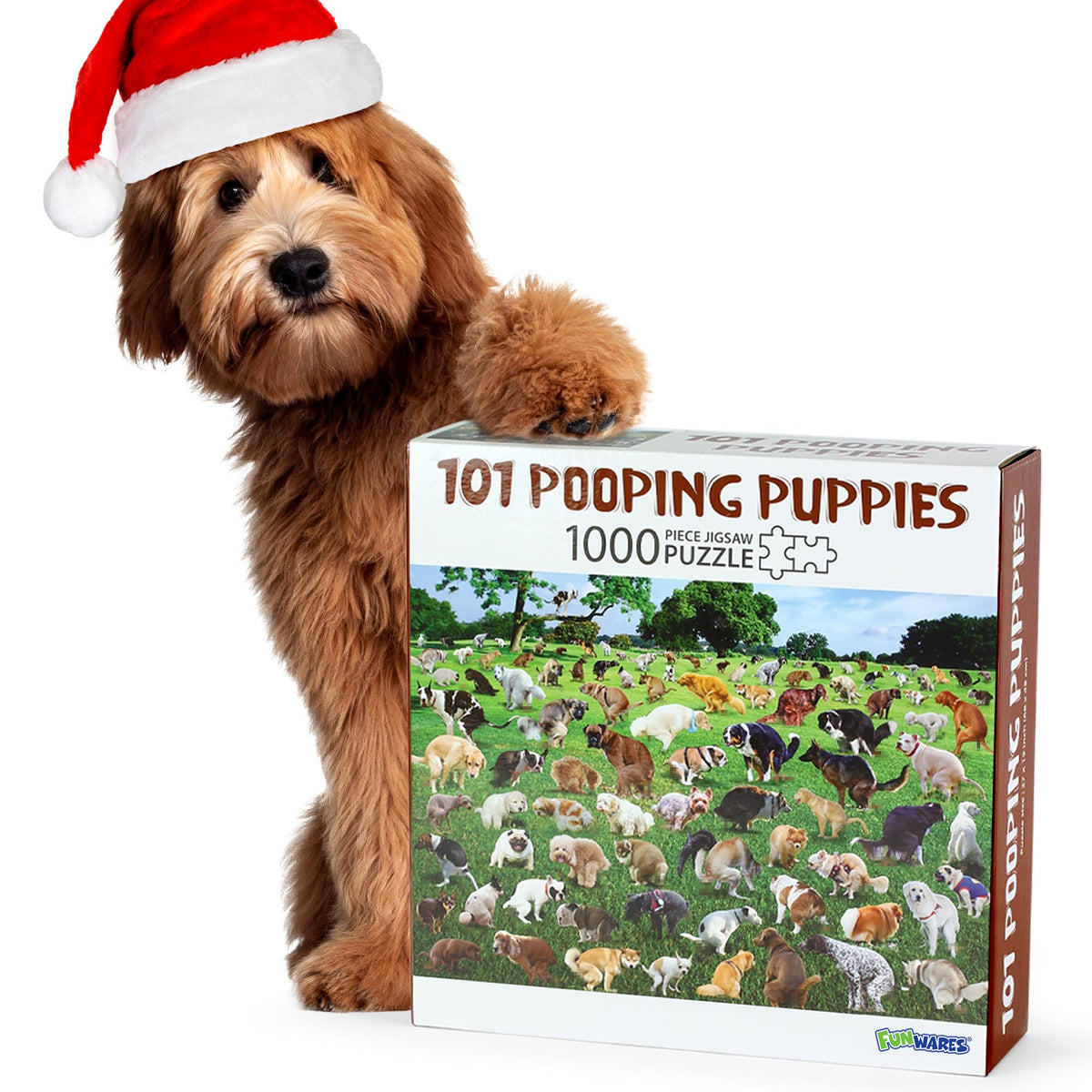 Funwares 101 Puppies Puzzle front cover showing playful dogs for a cozy family activity
