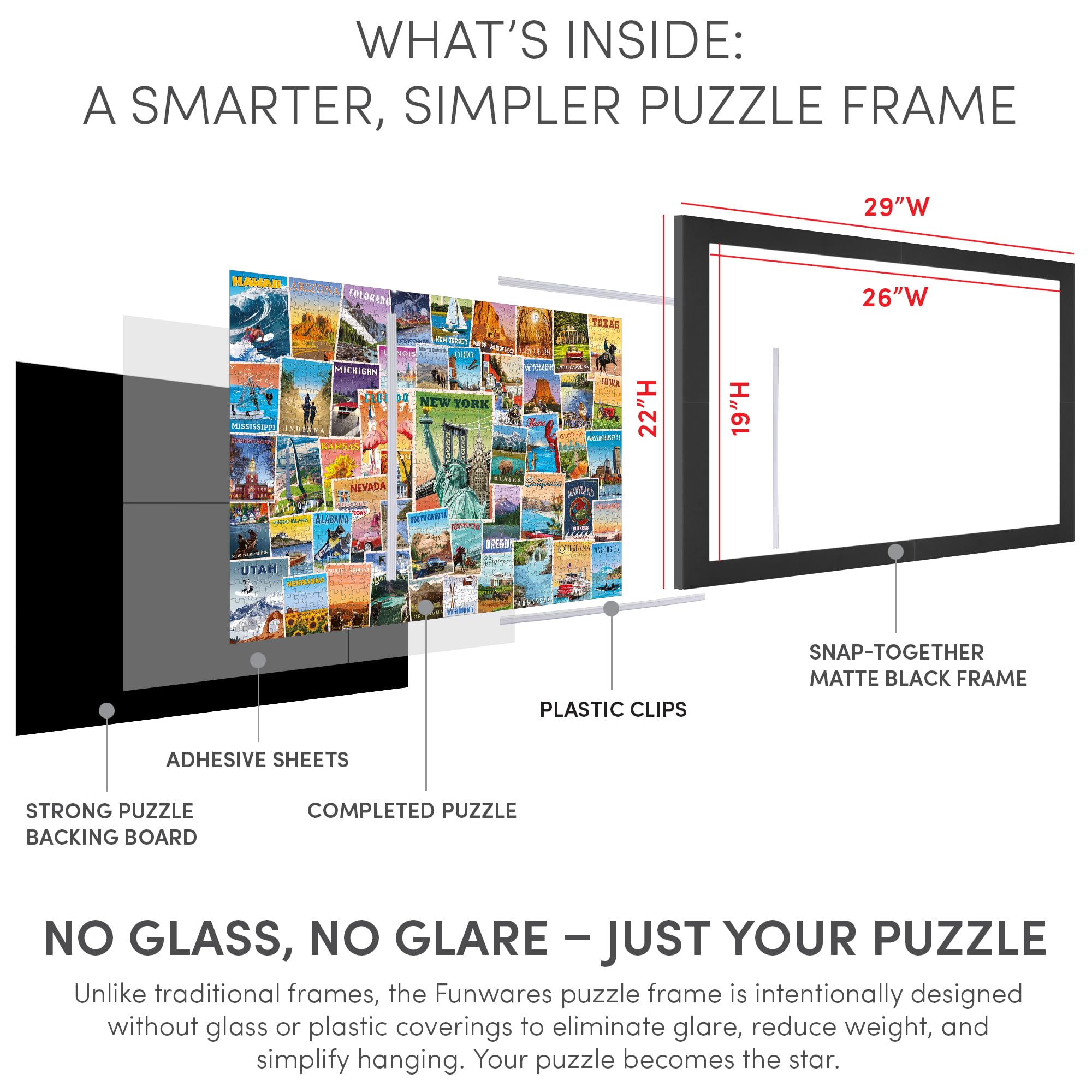Funwares puzzle frame fits most 1000-piece puzzles up to 27 by 20 inches