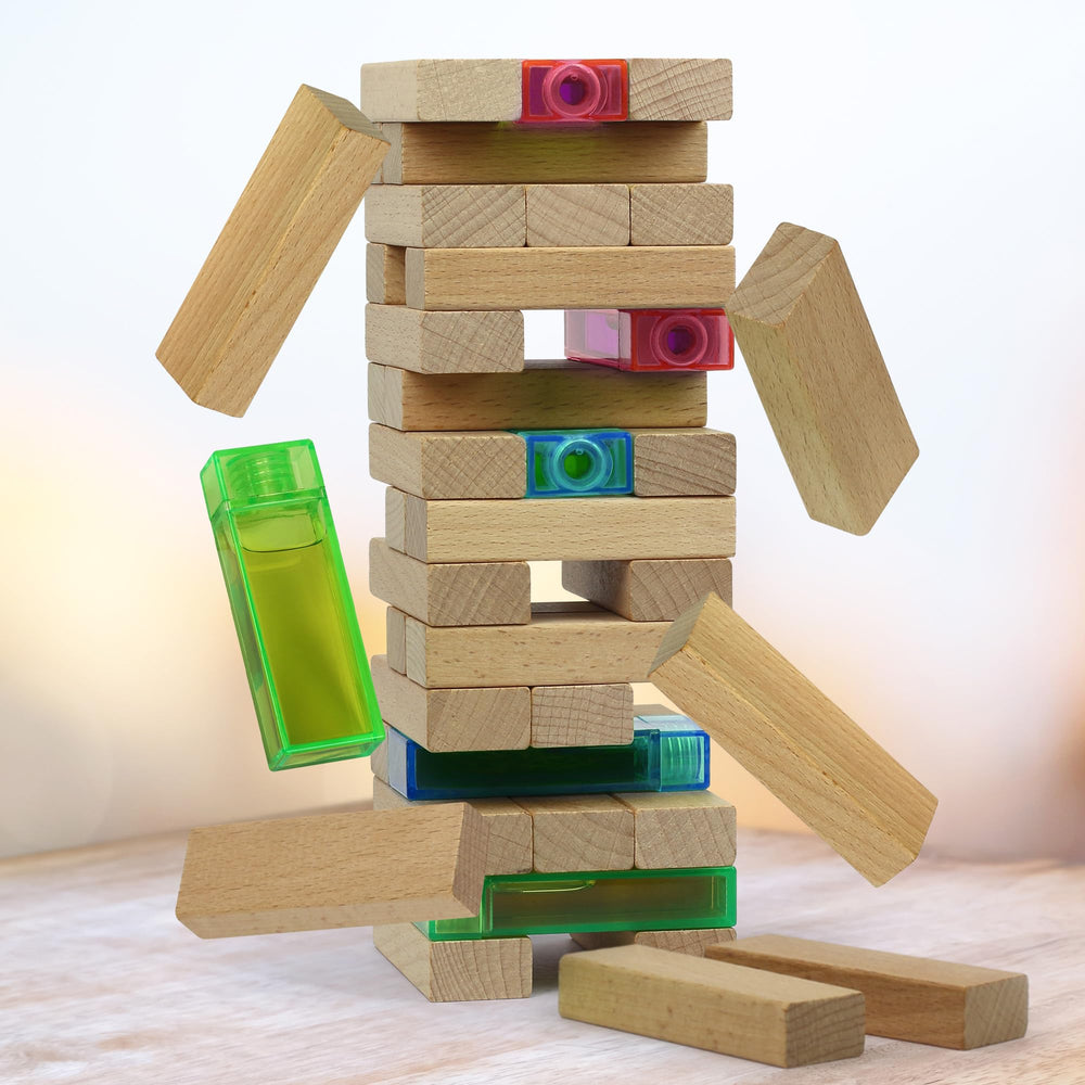 Funwares Stack Attack drink-filled blocks showcase the beverage twist during play.