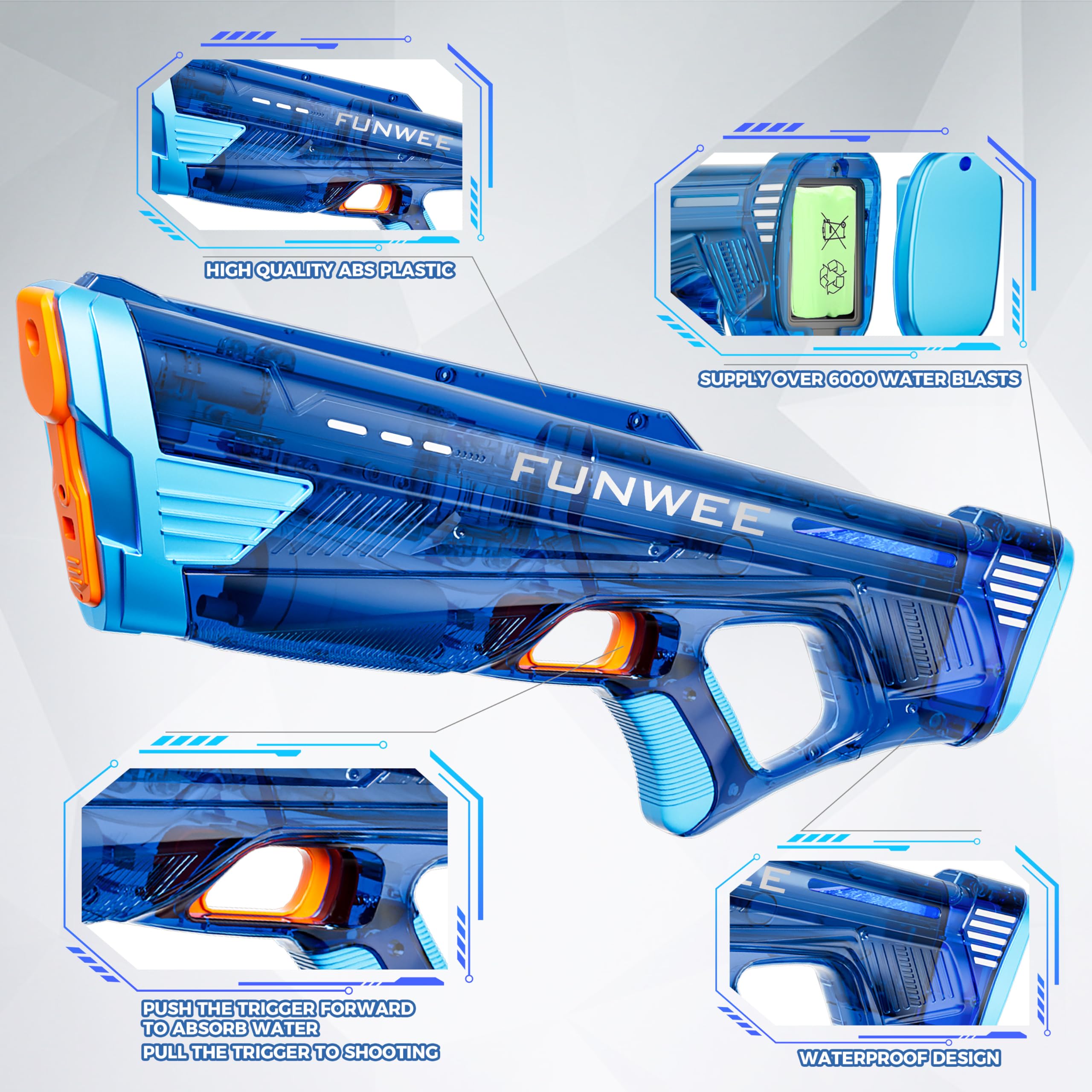 Funwee electric water gun fast reload design for quick relaunch during outdoor battles.