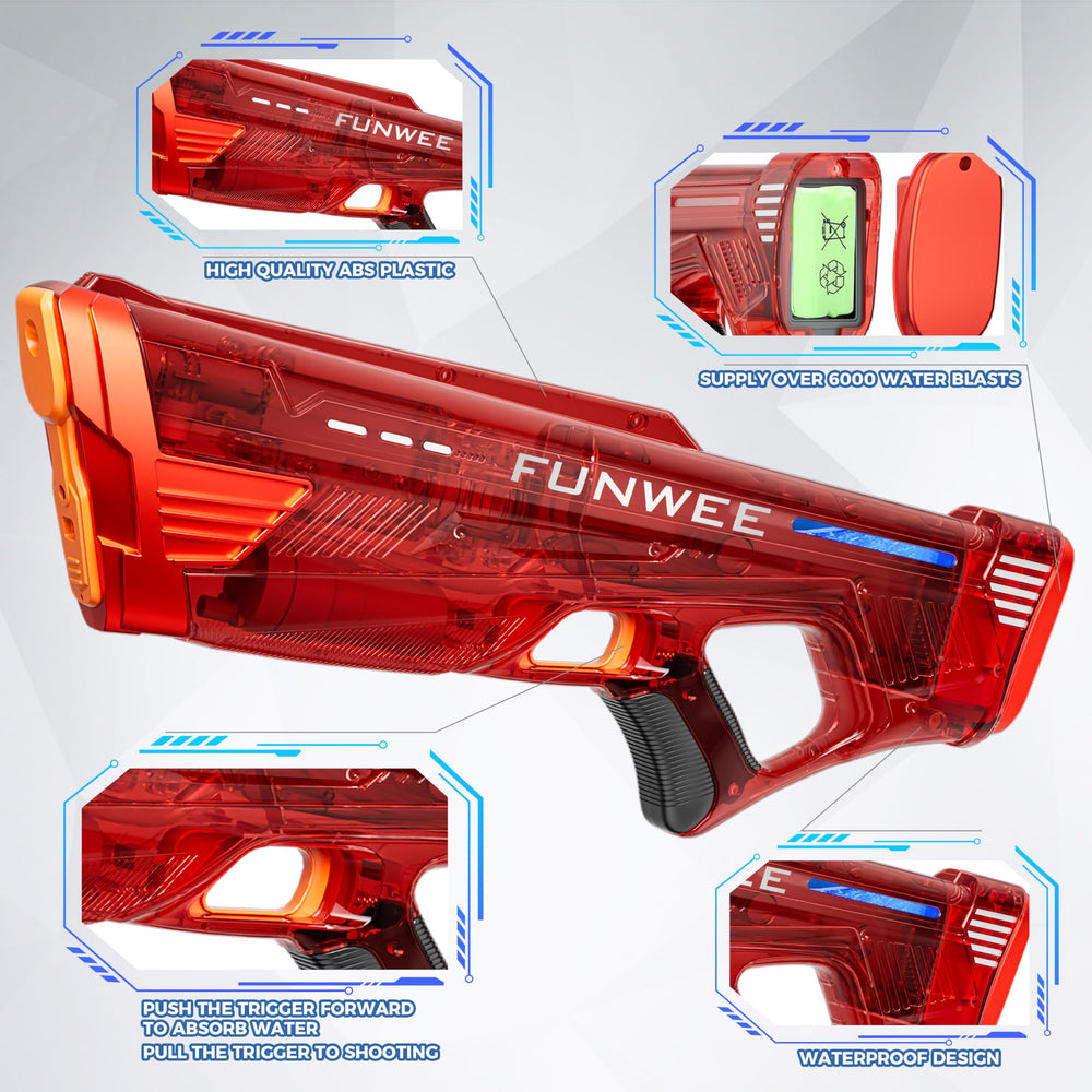 Funwee electric water gun long-range reach up to 28-32 feet for outdoor battles.