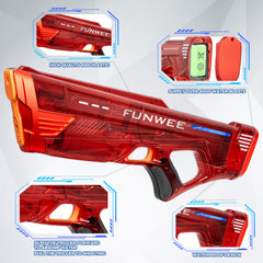 Funwee electric water gun long-range reach up to 28-32 feet for outdoor battles.
