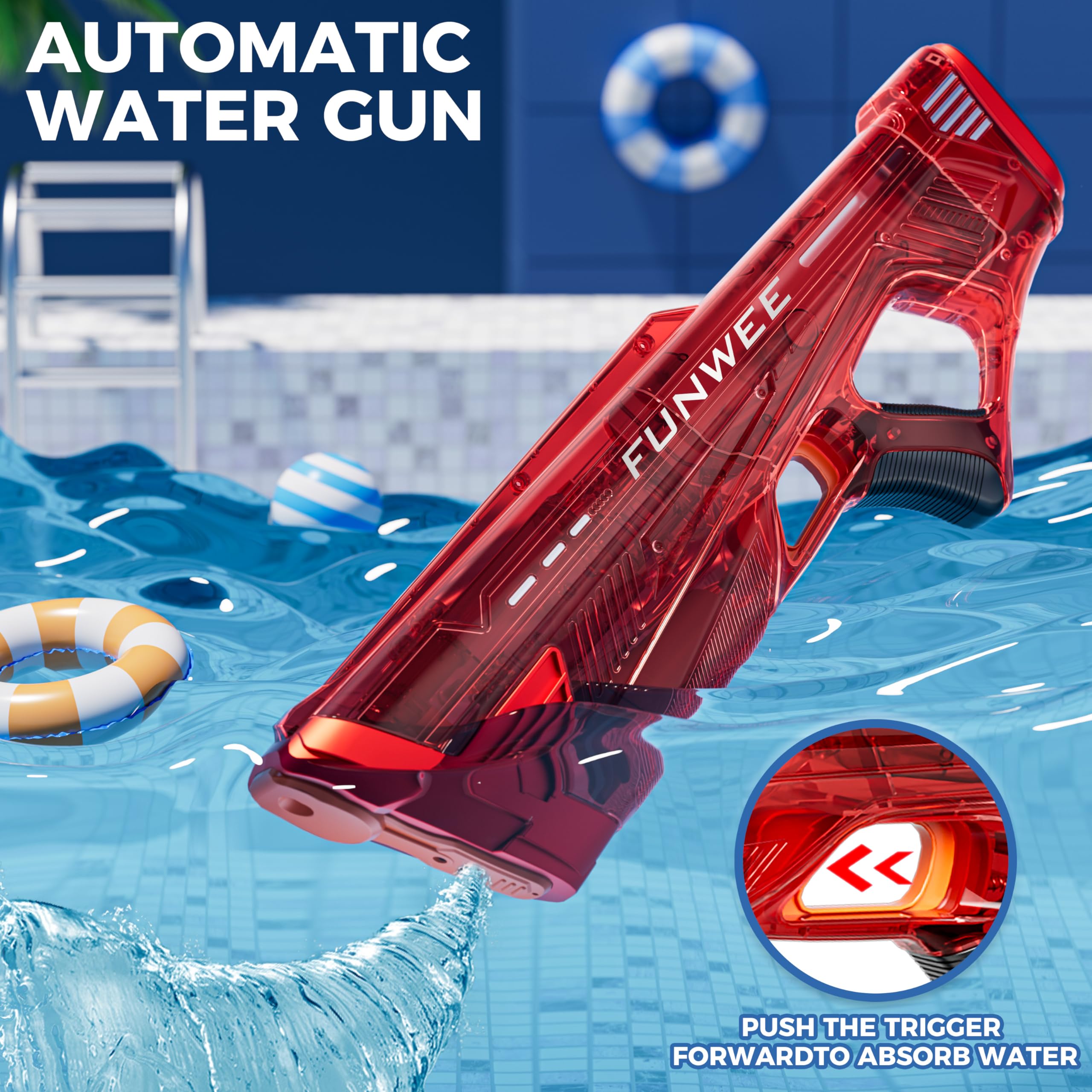 Funwee water gun with rechargeable battery for continuous action and extra blasts.
