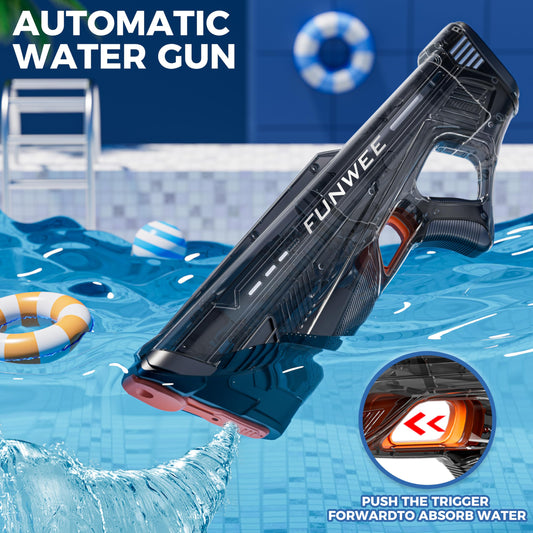 Funwee electric water gun side view showcases sleek transparent design.