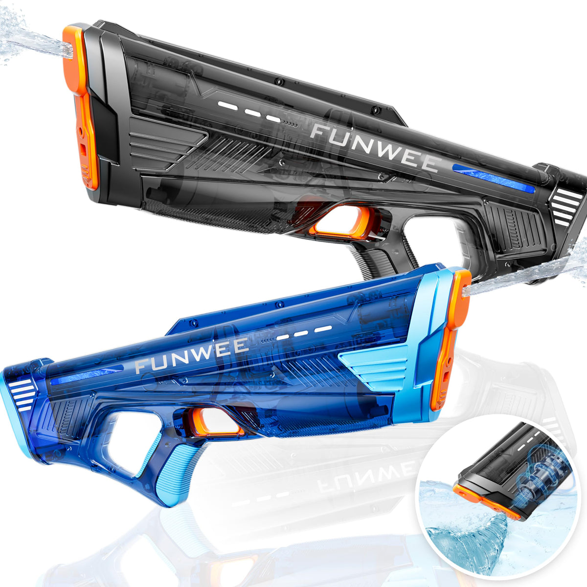 Funwee electric water gun with transparent black-blue body showing water flow and battery status