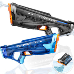 Funwee electric water gun with transparent black-blue body showing water flow and battery status