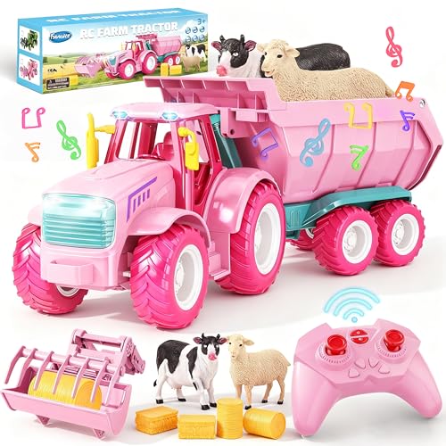 Funwee RC Farm Tractor pink front-loader fuels imaginative play indoors or outdoors.