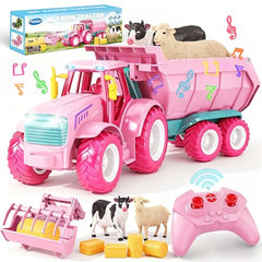Funwee RC Farm Tractor pink front-loader fuels imaginative play indoors or outdoors.