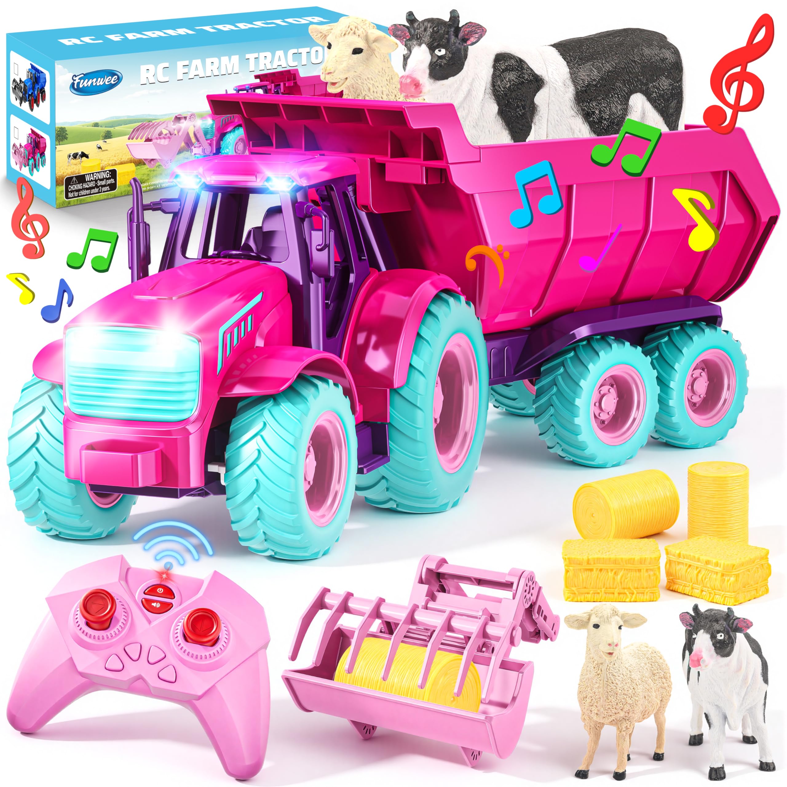 Funwee RC tractor toy set with front loader in action for imaginative farming play
