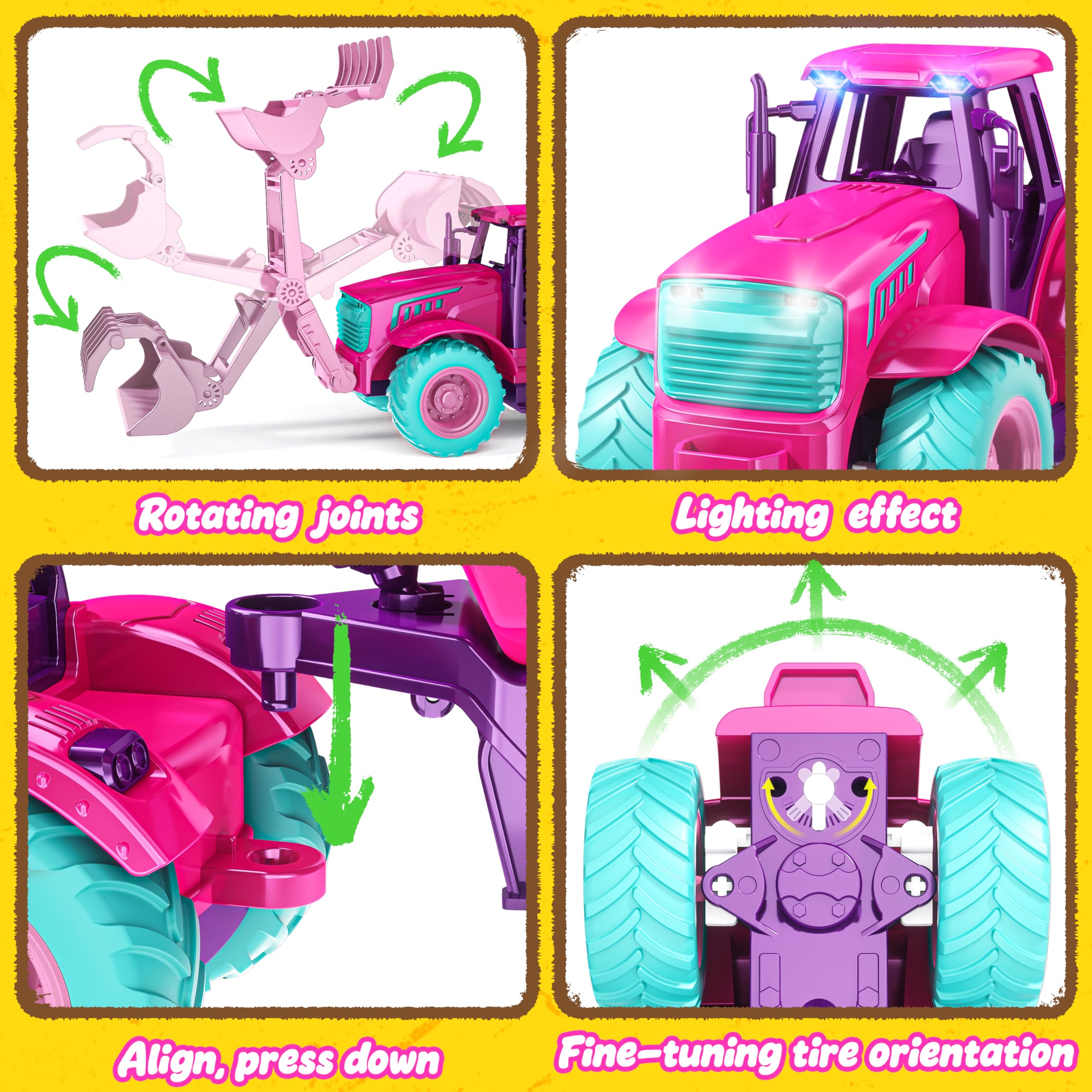 Funwee RC tractor toy set showing bright LED headlights for immersive scenes