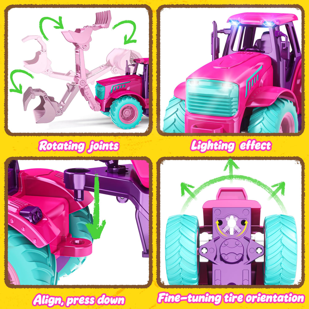 Funwee RC tractor toy set showing bright LED headlights for immersive scenes