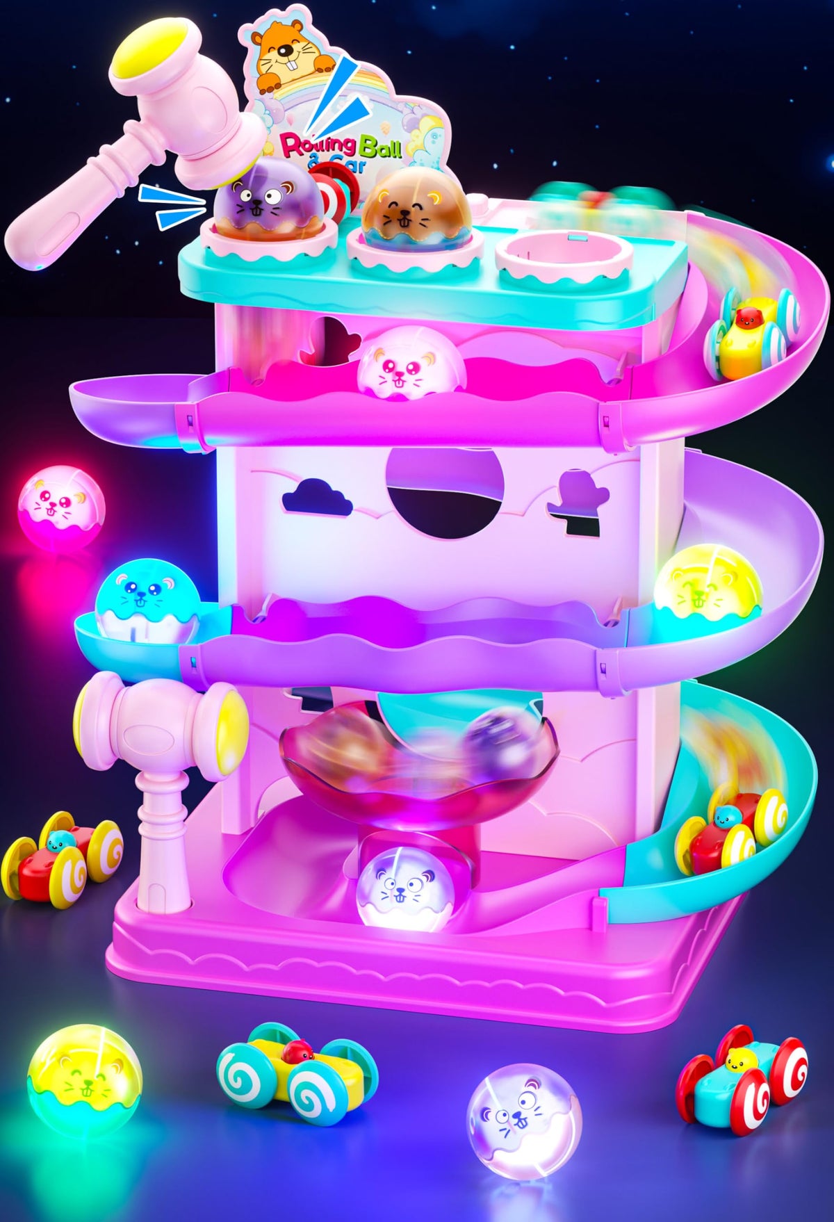 Funwee rolling ball ramp pink toy showing bright light up balls on the track for toddler play
