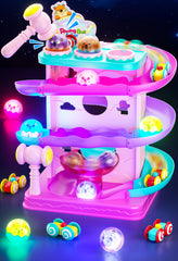 Funwee rolling ball ramp pink toy showing bright light up balls on the track for toddler play