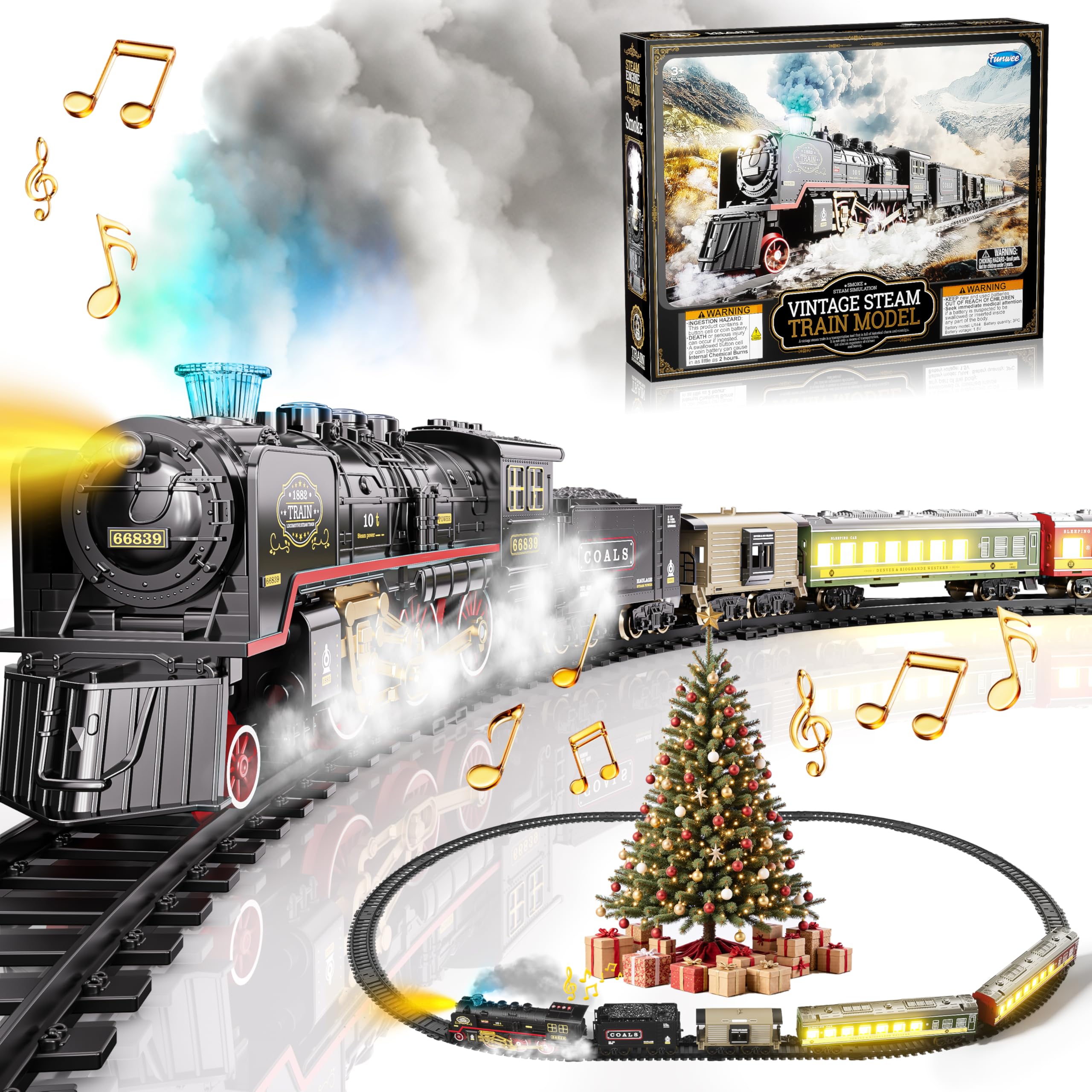 Funwee train set front view, ready for holiday playtime with vivid features.