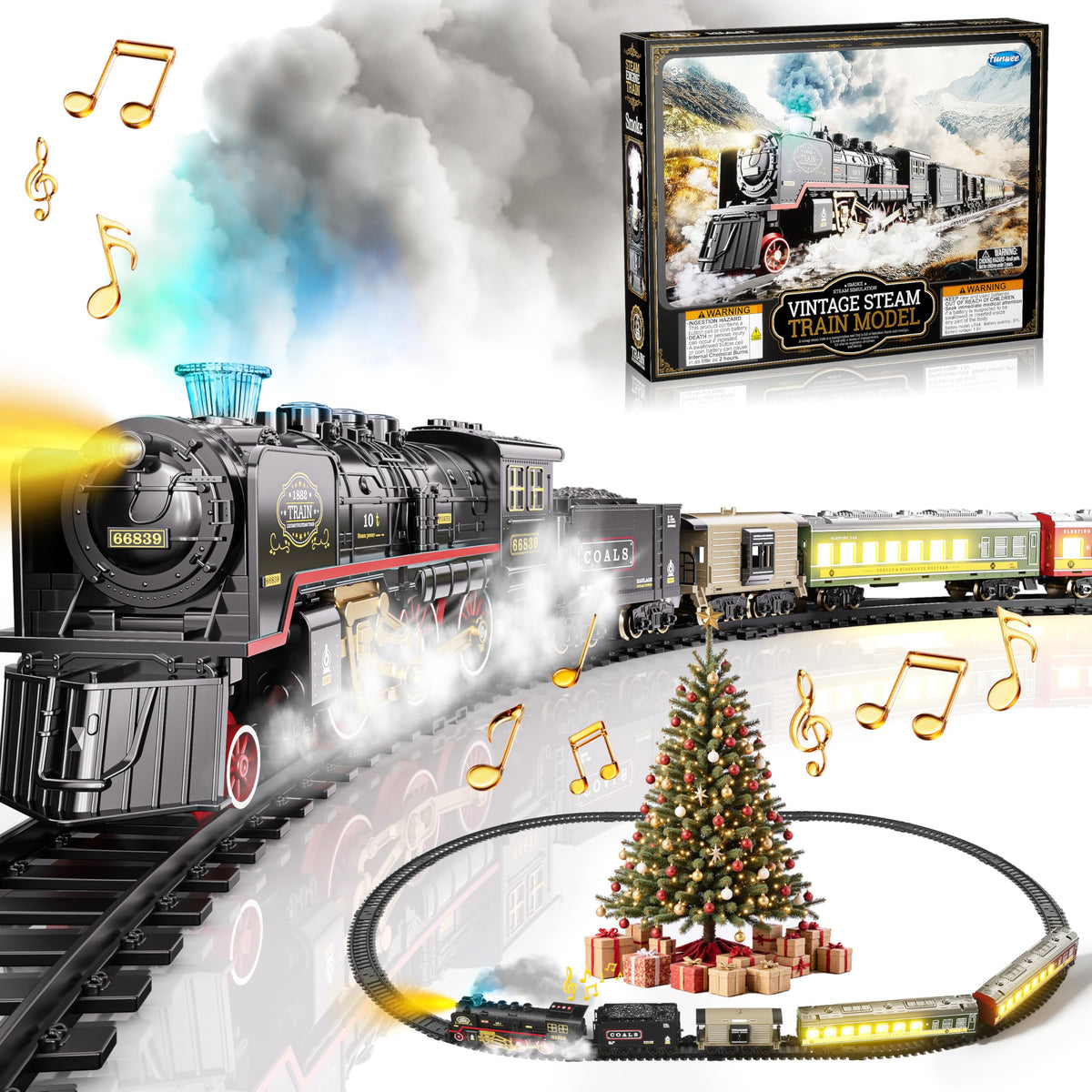Funwee train set front view, ready for holiday playtime with vivid features.