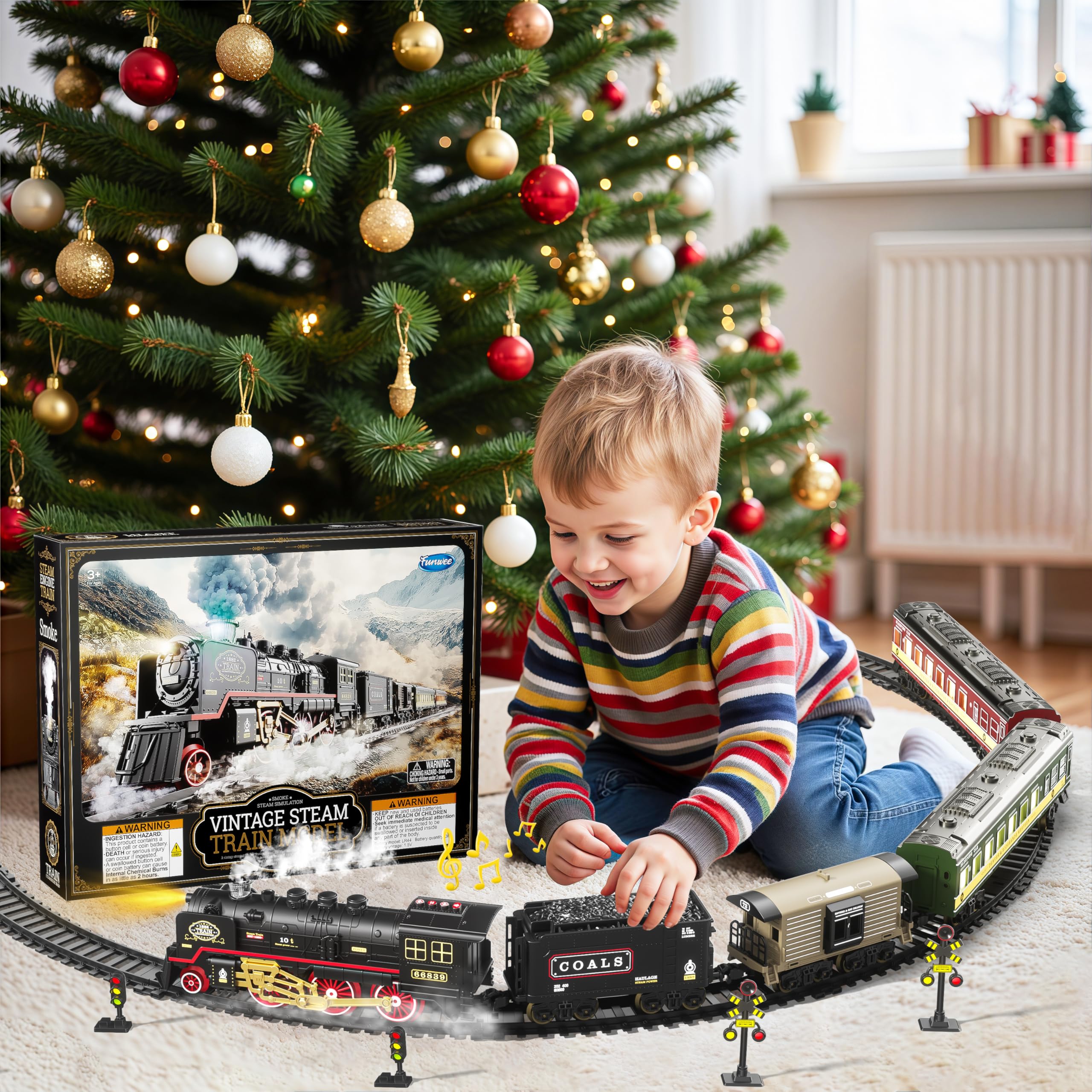 Funwee train set under Christmas tree creates festive play moments.