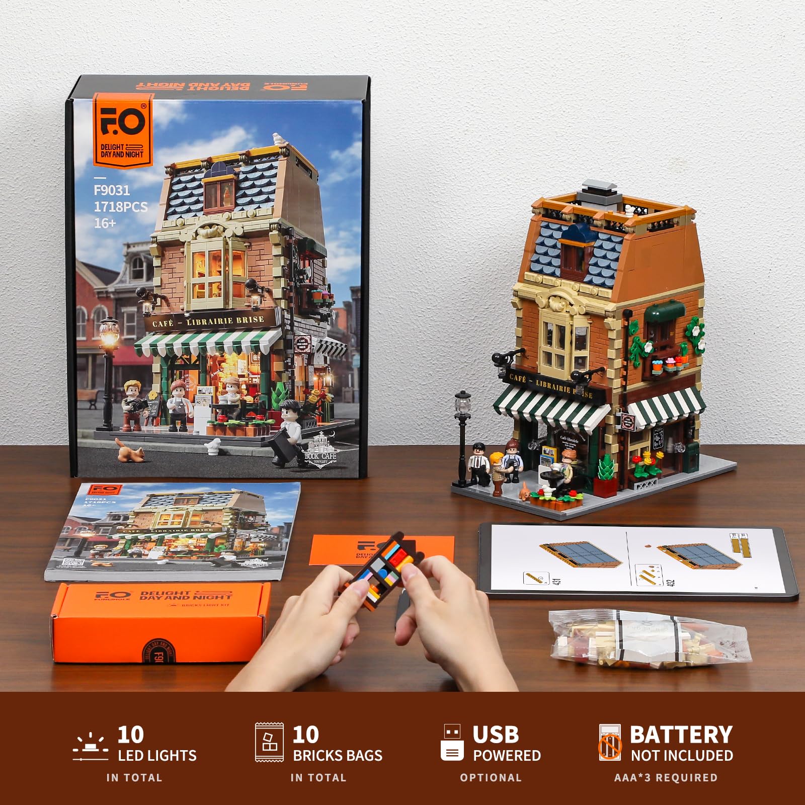 FUNWHOLE Book-Cafe large bookshelf scene demonstrates modular city compatibility.
