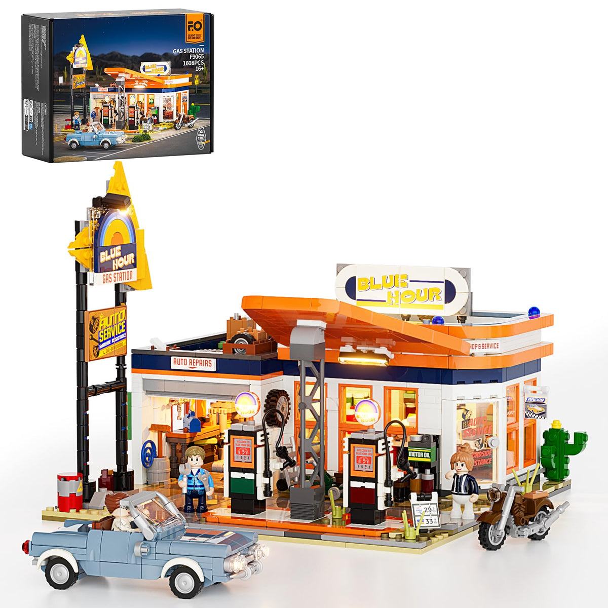 FUNWHOLE City Gas-Station canopy lights glow for nostalgic display.