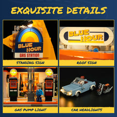 FUNWHOLE gas pumps with glowing logos illuminate a retro fueling scene.