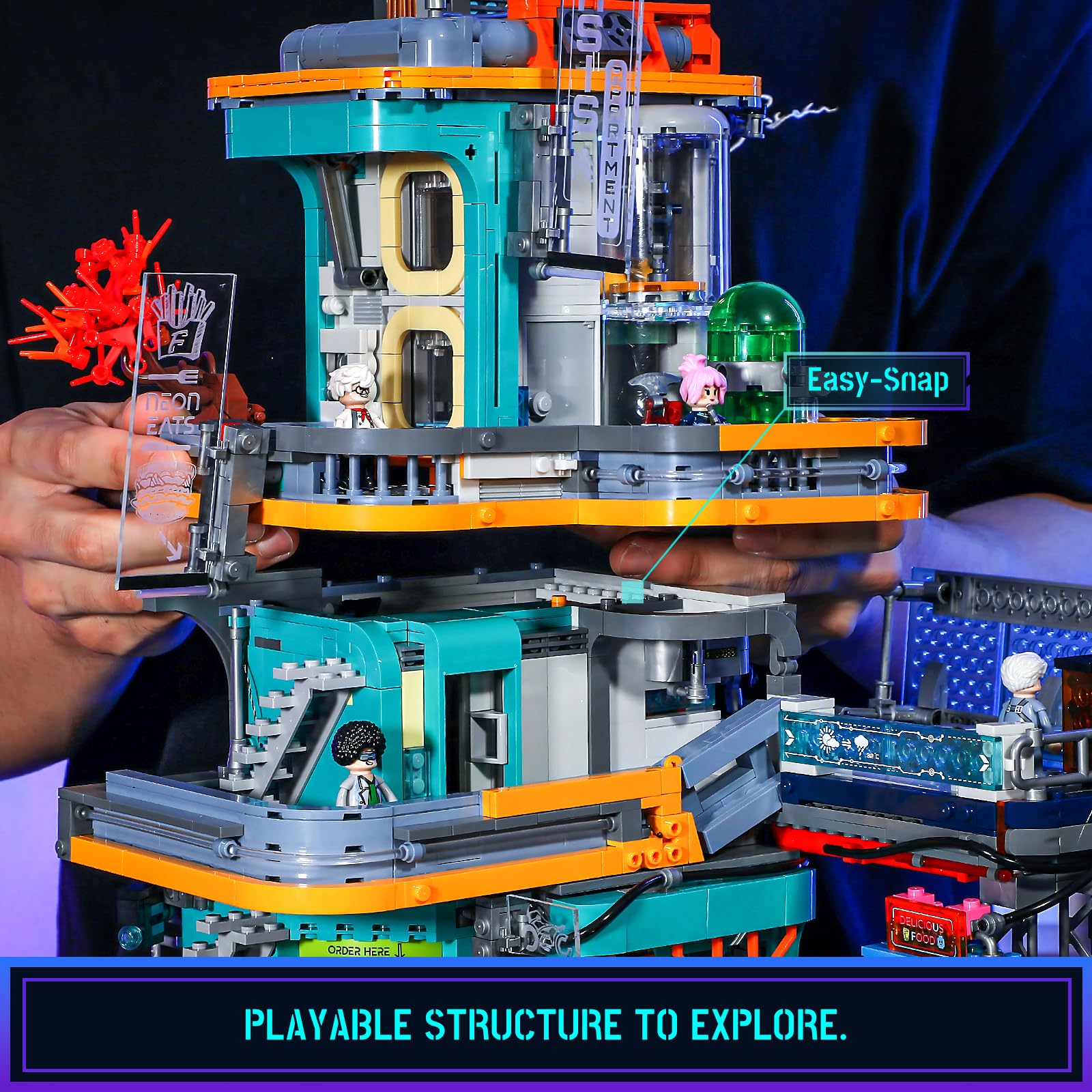 FUNWHOLE Cyberpunk Mansion laser panels emit vibrant blue and purple accents.
