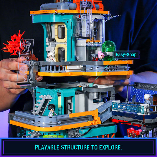 FUNWHOLE Cyberpunk Mansion laser panels emit vibrant blue and purple accents.