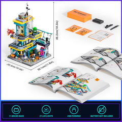 FUNWHOLE Cyberpunk Mansion connects with the Police Car Set to enrich city storytelling.