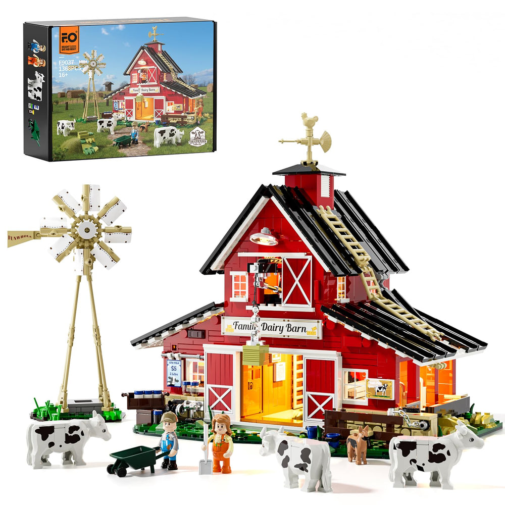 FUNWHOLE Farm Cow-Barn exterior lit for a cozy night display