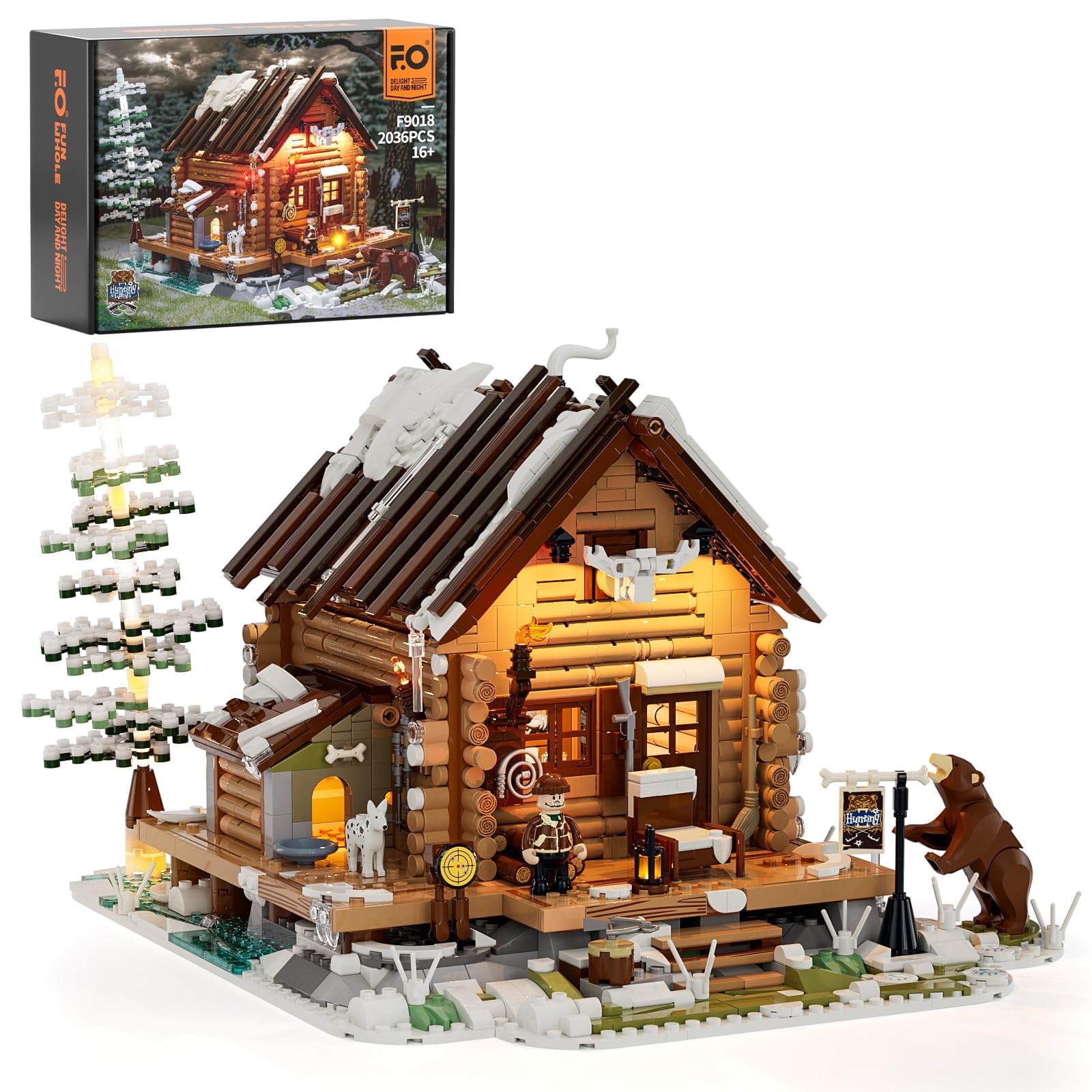 FUNWHOLE Hunting-Cabin exterior glowing in snow for a cozy, display-ready winter scene.