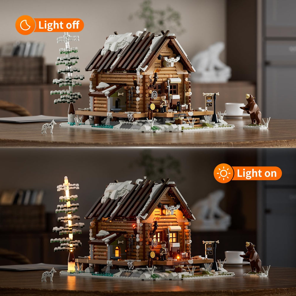 FUNWHOLE Hunting-Cabin interior living room with fireplace; invites warm, tranquil building sessions.