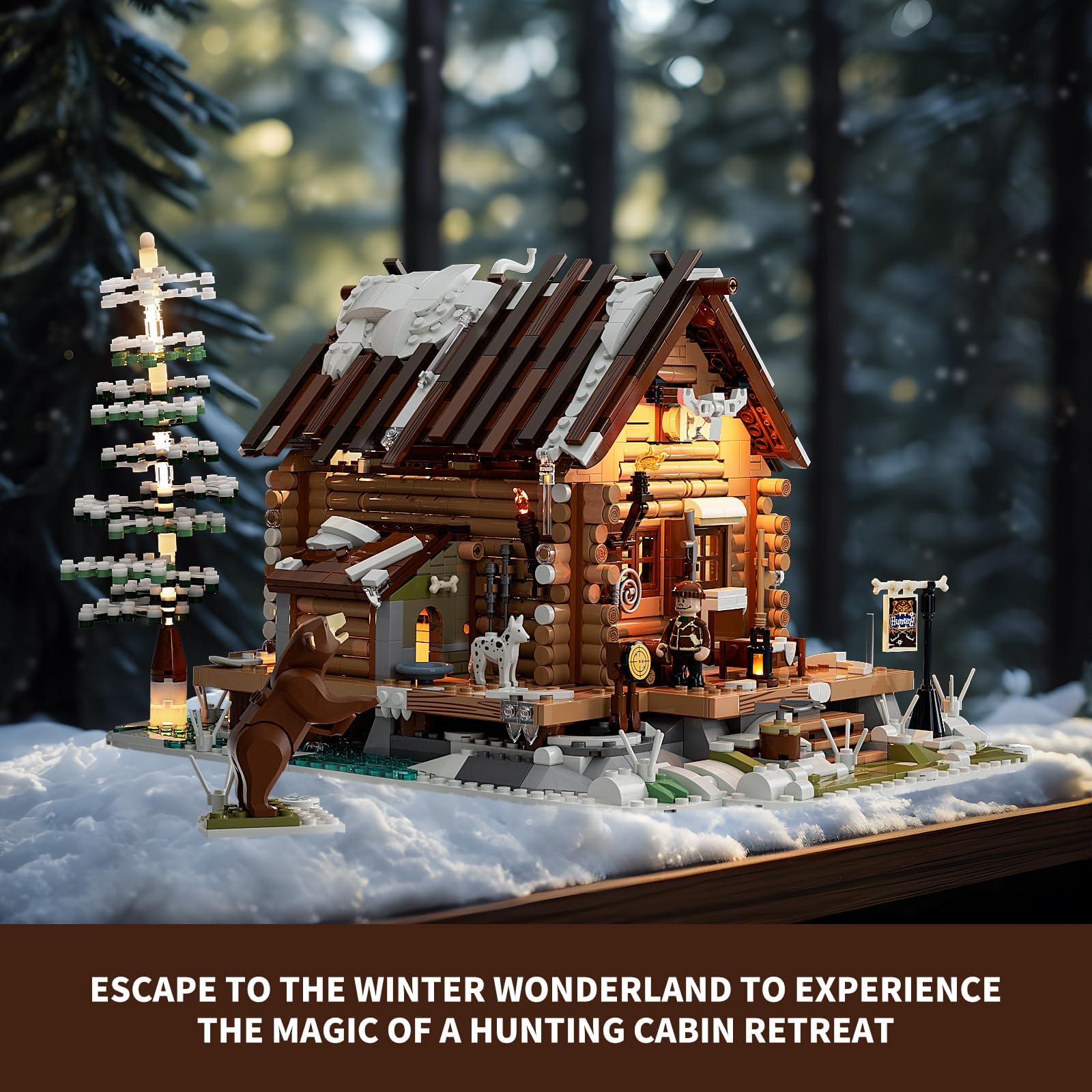 FUNWHOLE Hunting-Cabin minifigures Wyatt Brown with Spotty and a bear; storytelling potential.