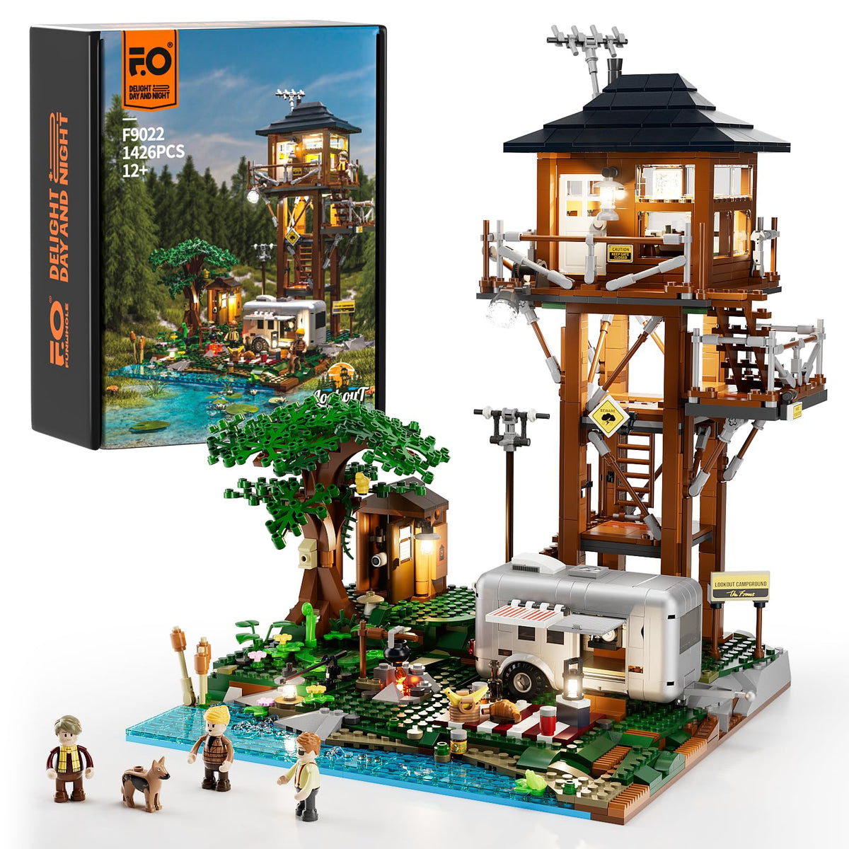 Funwhole Lookout Campground tower with minifigures for imaginative display