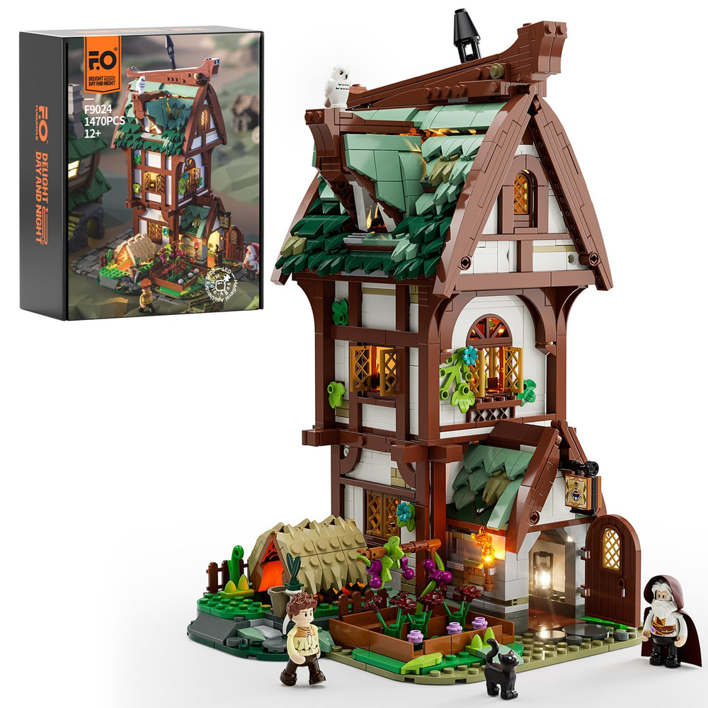 FUNWHOLE Medieval Apothecary Shop front view with warm glow enhances display appeal