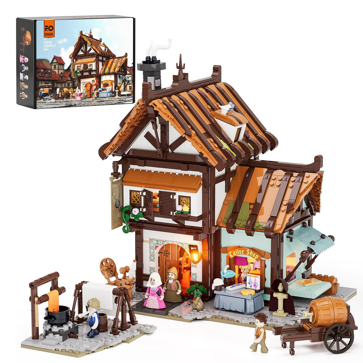 FUNWHOLE medieval tailor shop exterior glows warmly for inviting display and storytelling