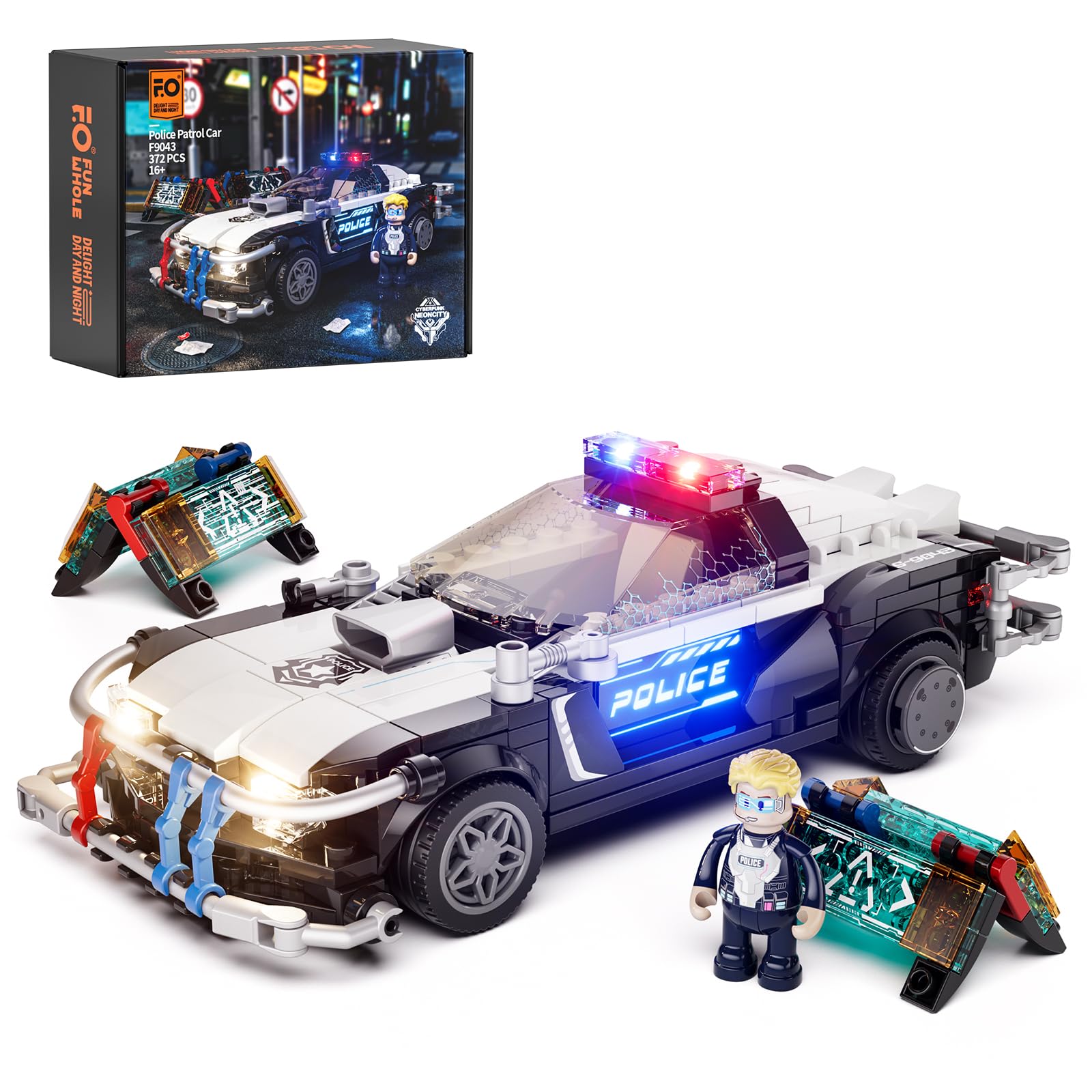 Funwhole police patrol car with cyberpunk lights creates a vivid urban play scene.